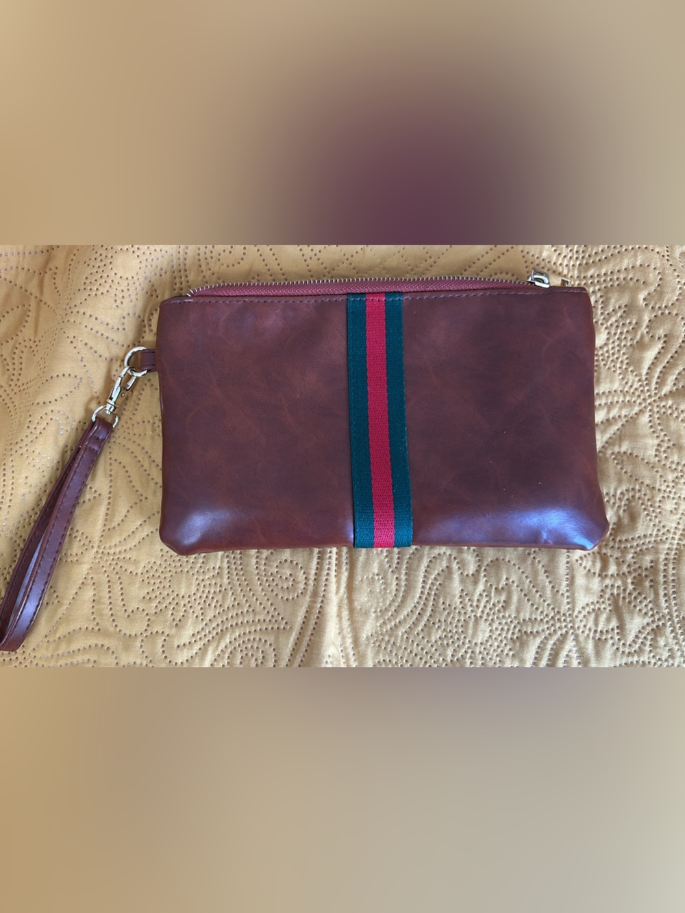 Brown Leather Wristlet Clutch with Green-Red Accent